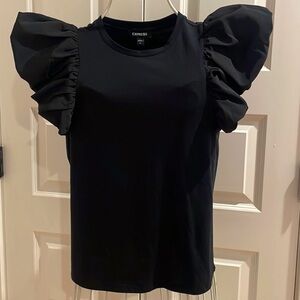 Express Women’s Black Cotton Top With Puff Satin Sleeve Blouse Size S